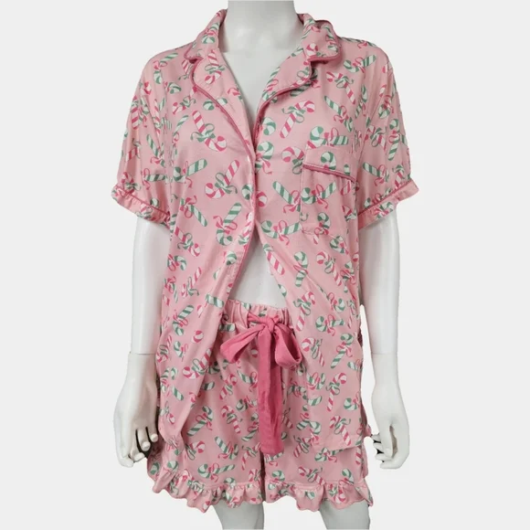 Glitz & Glam Pink Candy Cane Print Sleep Shorts Set Size XL - Picture 2 of 13